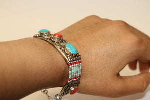Sterling Silver Turquoise and Coral Tibetan Bracelet Handcrafted from Nepal