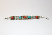 Load image into Gallery viewer, Sterling Silver Turquoise and Coral Tibetan Bracelet Handcrafted from Nepal
