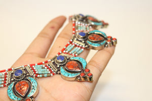 Sterling Silver Turquoise Coral and Lapis Lazuli Tibetan Necklace Handcrafted from Nepal